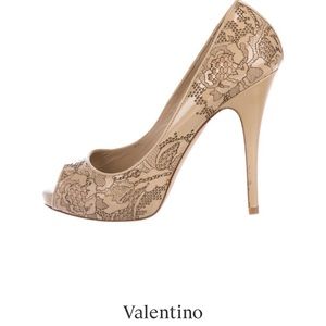 Nude Patent Leather Valentino Peep-Toe Pumps